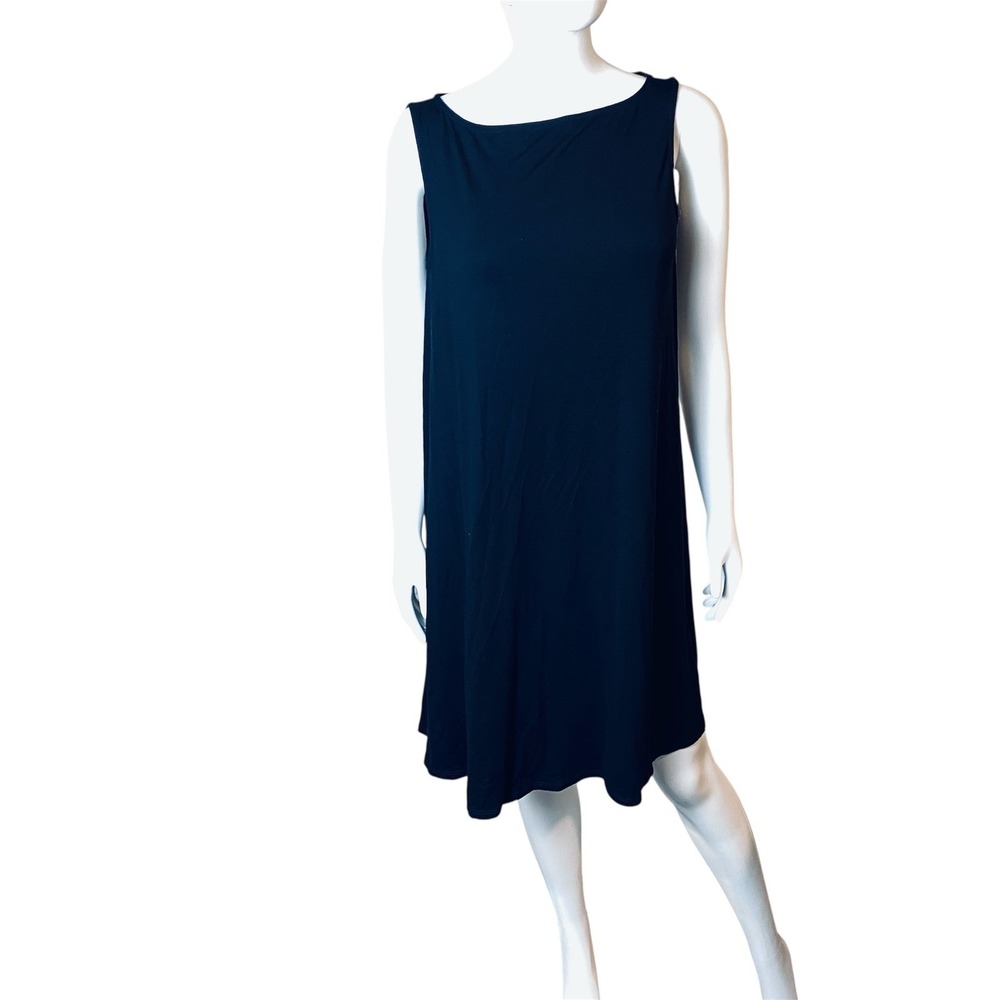 Eileen Fisher Black Viscose‎ Spandex Sleeveless Boat Neck Shift Dress Womens M